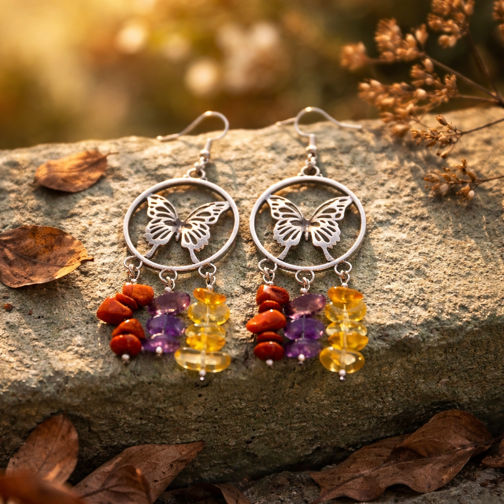 Boucles d'oreilles Jaspe Rouge, Améthyste et Citrine Chips