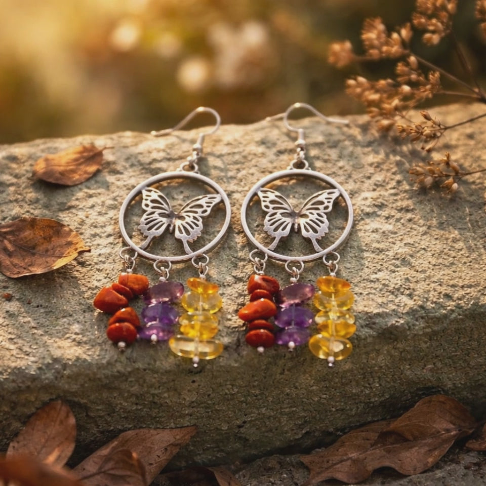Boucles d'oreilles Jaspe Rouge, Améthyste et Citrine Chips